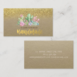 Watercolor Cactus,Succulent Gold Glitter Business Card