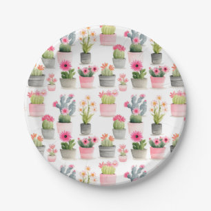 Watercolor Cactus Succulent Pattern Pink Western Paper Plate