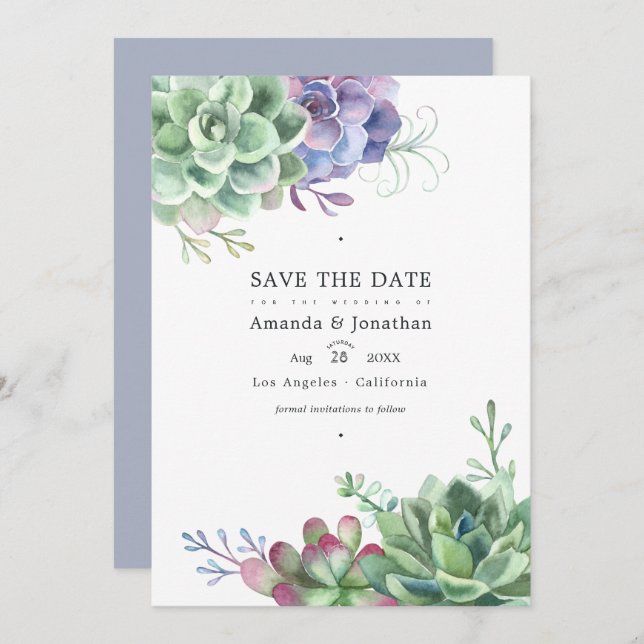 Watercolor Cactus Succulent Plants Wedding Photo Save The Date (Front/Back)