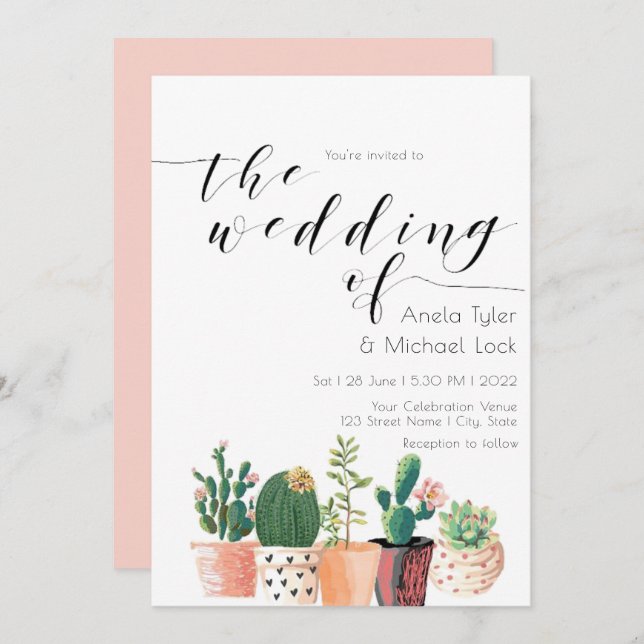 Watercolor Cactus Succulent Typography Wedding Invitation (Front/Back)