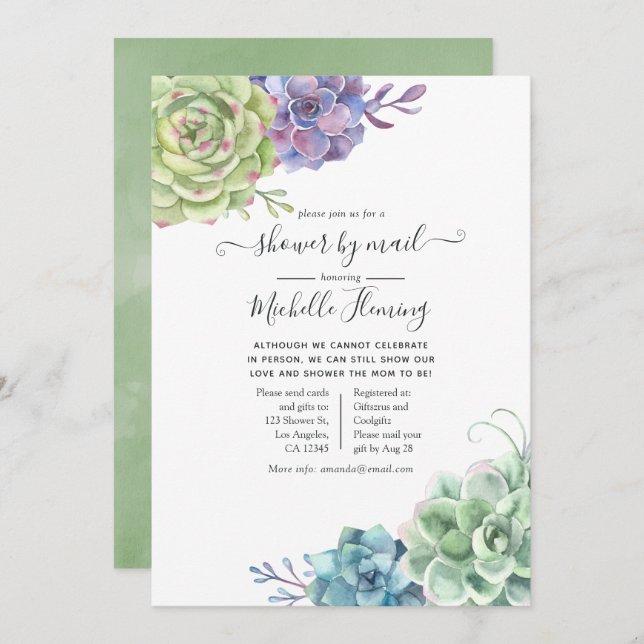 Watercolor Cactus Succulents Baby Shower by Mail Invitation (Front/Back)