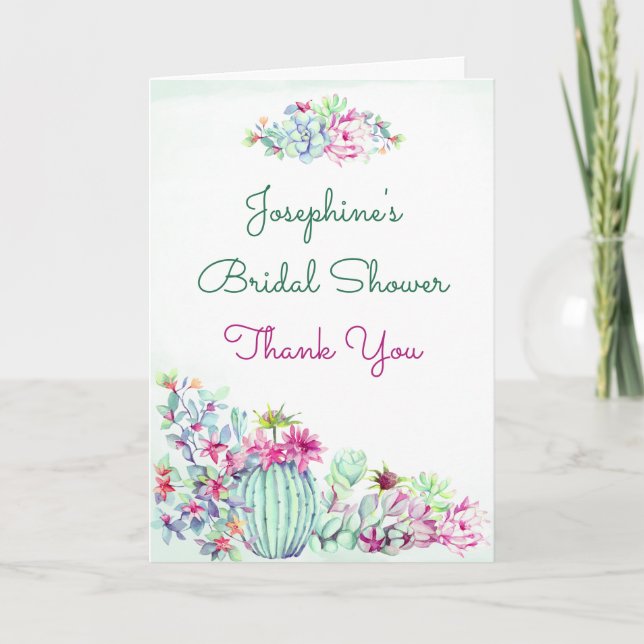 Watercolor Cactus & Succulents Bridal Shower Thank You Card (Front)
