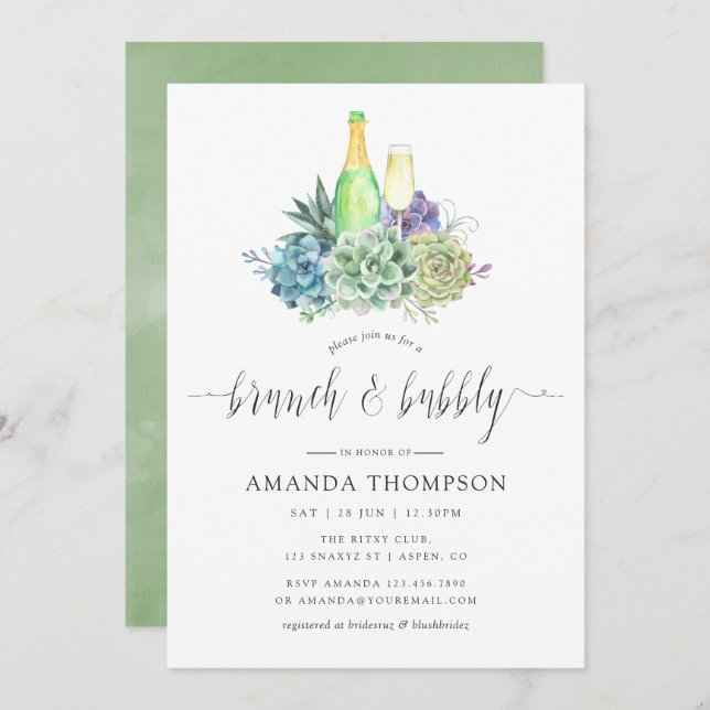 Watercolor Cactus Succulents Brunch and Bubbly Invitation (Front/Back)