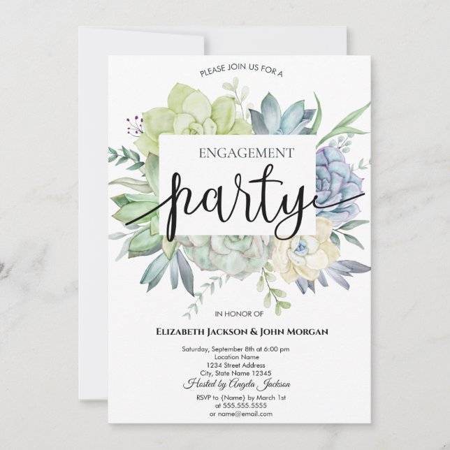 Watercolor Cactus Succulents Dots Engagement   Invitation (Front)