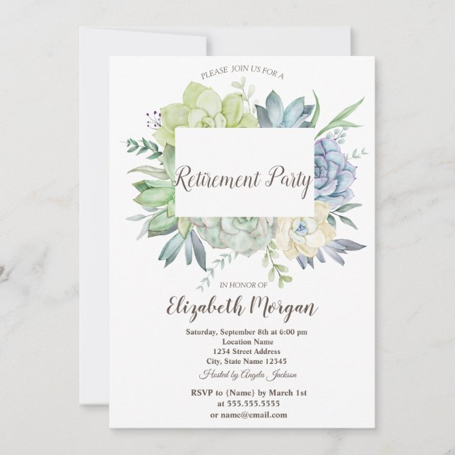 Watercolor Cactus Succulents Dots Retirement  Invitation (Front)