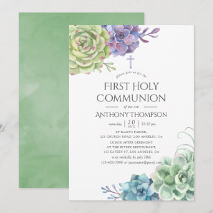 Watercolor Cactus Succulents First Holy Communion Invitation