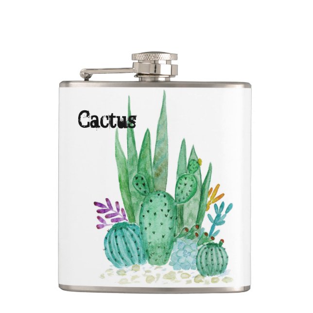 Watercolor , cactus , succulents hip flask (Front)