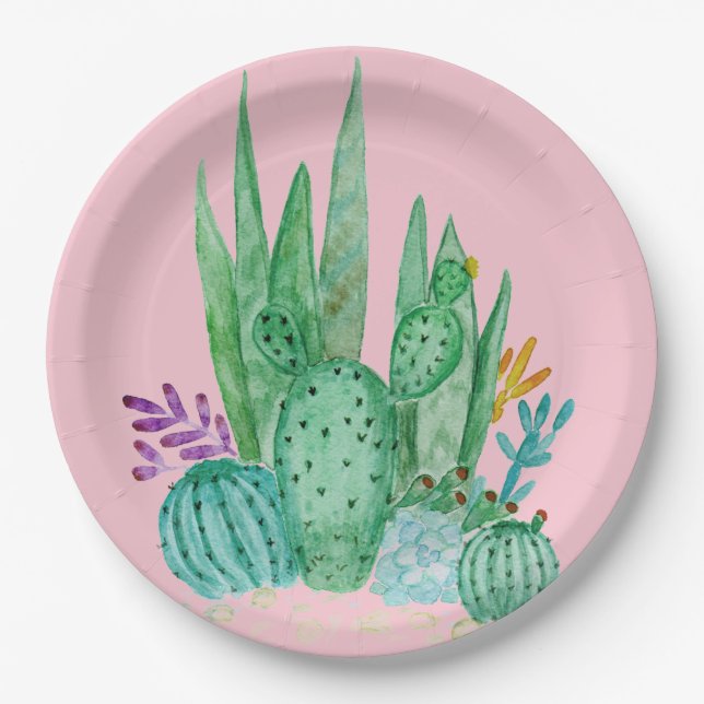 Watercolor , cactus , succulents paper plate (Front)