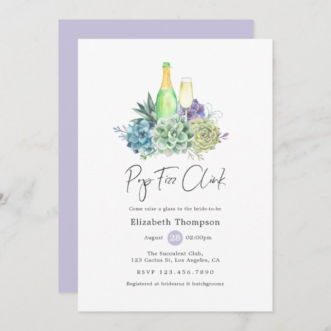Watercolor Cactus Succulents Pop Fizz Clink Invitation (Front/Back)