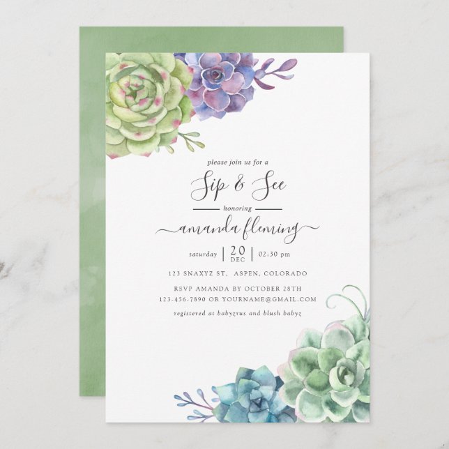 Watercolor Cactus Succulents Sip and See Invitation (Front/Back)