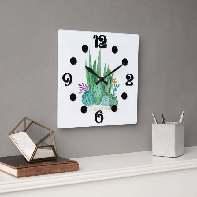 Watercolor , cactus , succulents square wall clock (Office)