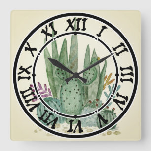 Watercolor , cactus , succulents square wall clock