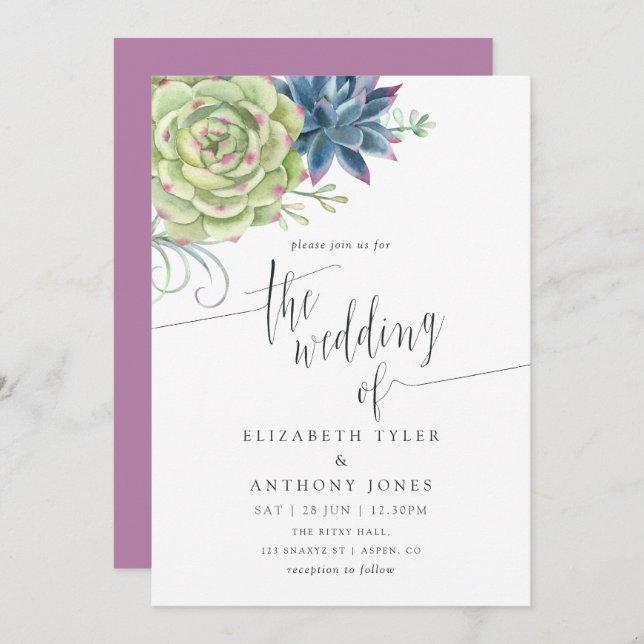 Watercolor Cactus Succulents Wedding Invitation (Front/Back)