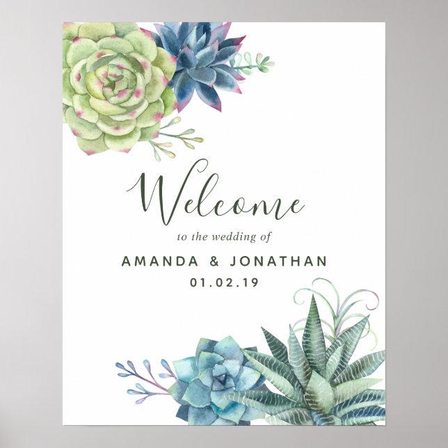 Watercolor Cactus Succulents Wedding Welcome Poster (Front)