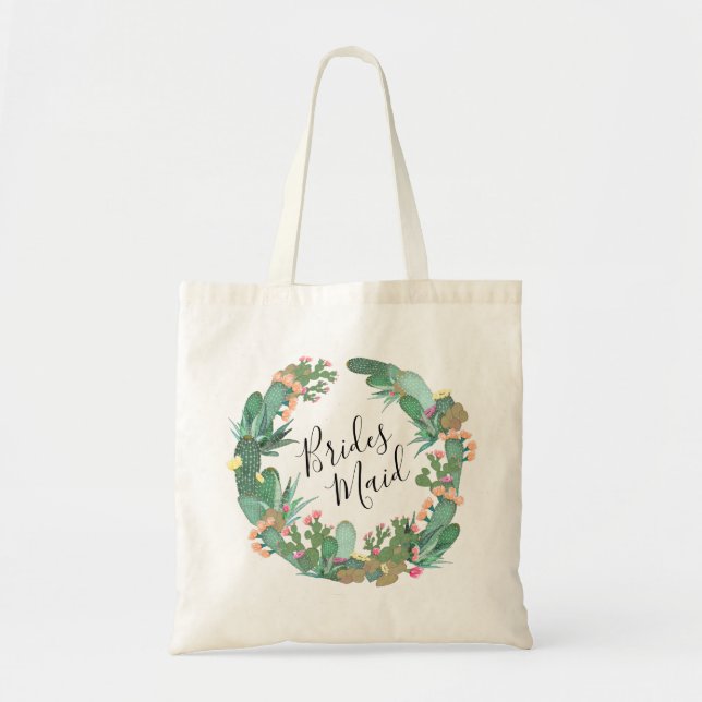Watercolor Cactus Succulents Wreath Bridesmaid Tote Bag (Front)