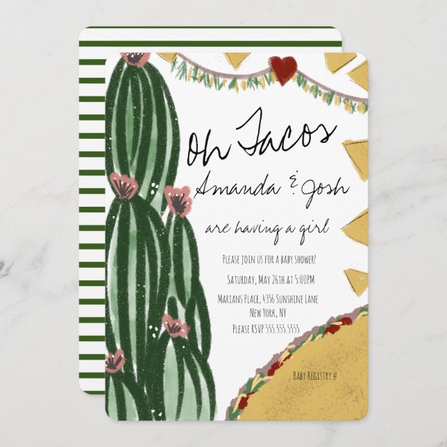 Watercolor Cactus Taco Artsy Greenery Baby Shower Invitation (Front/Back)
