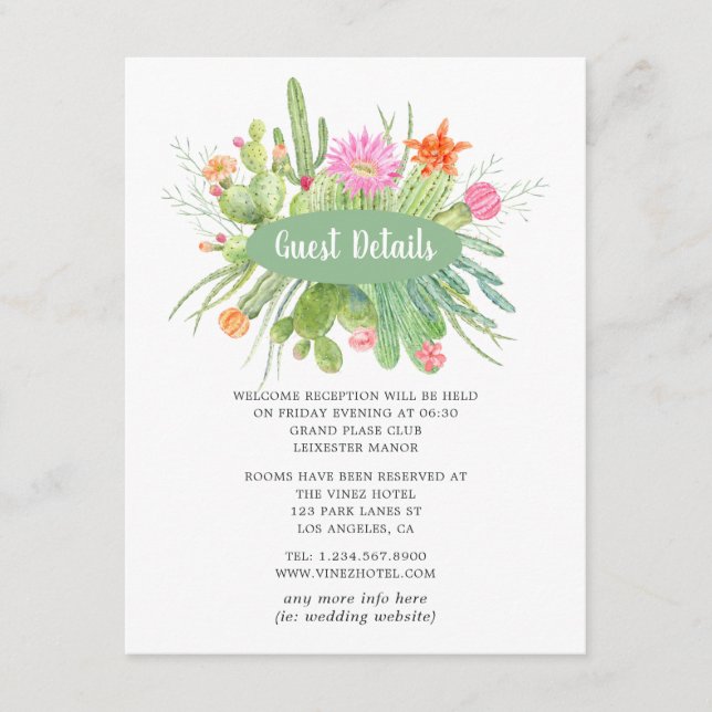 Watercolor Cactus Wedding Guest Details Enclosure Card (Front)