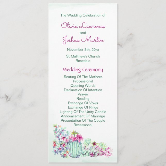 Watercolor Cactus Wedding Programs Programme (Front)