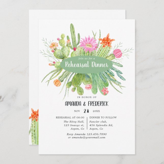 Watercolor Cactus Wedding Rehearsal Dinner Invitation (Front/Back)