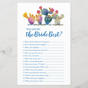 Watercolor Cactus Who Knows The Bride Best Game Flyer