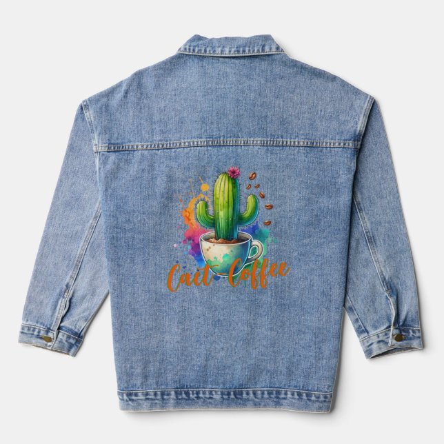 Watercolor Cactus who loves coffee Denim Jacket (Back)