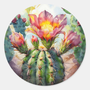 Watercolor Cactus with Vibrant Desert Flowers Classic Round Sticker