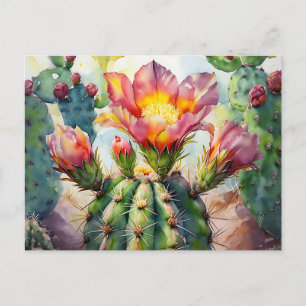 Watercolor Cactus with Vibrant Desert Flowers Postcard