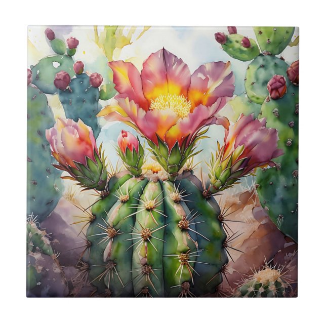 Watercolor Cactus with Vibrant Desert Flowers Tile (Front)