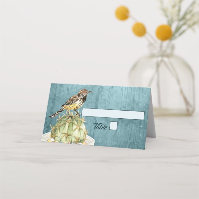 Watercolor Cactus with Wren Bird Wedding Place Card (Front)