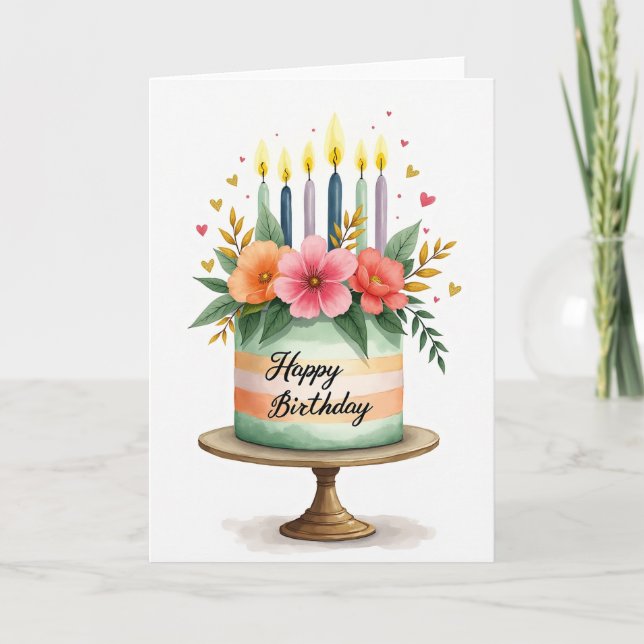 Watercolor Cake And Floral Card (Front)