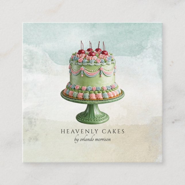 Watercolor Cake Baker Artisan Bakery Square Business Card (Front)