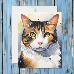 Watercolor Calico Cat Portrait Holiday Card