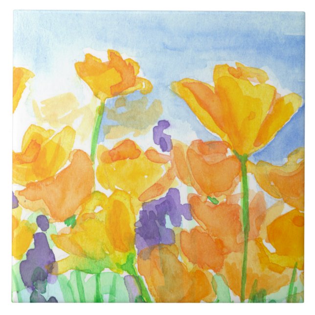 Watercolor California Poppy Flowers Tile (Front)
