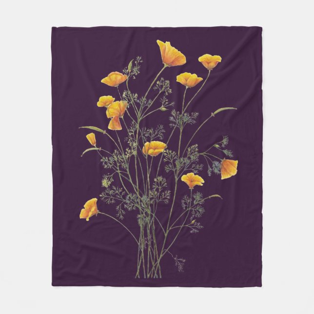 Watercolor California Poppy Garden Flower Art Fleece Blanket (Front)
