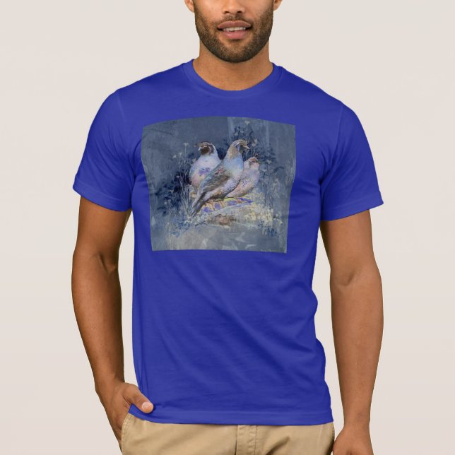 Watercolor California Quail Bird in Blue T-Shirt (Front)