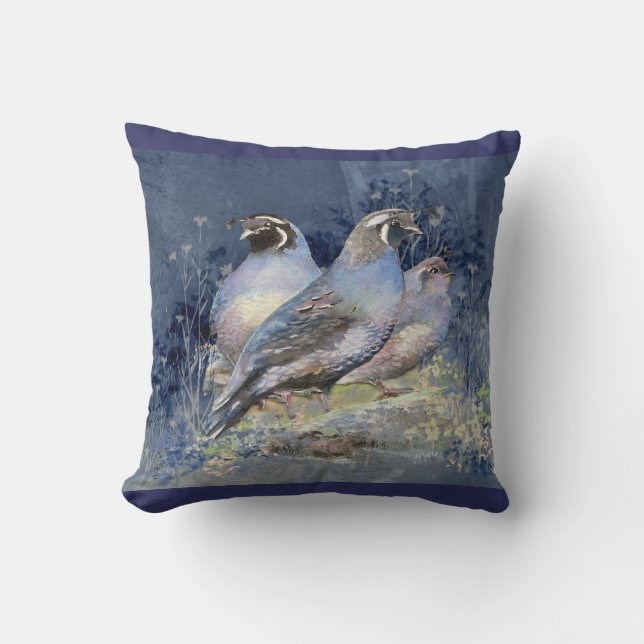 Watercolor California Quail Bird in Blues Cushion (Front)