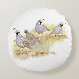 Watercolor California Quail Bird Nature Art Round Cushion