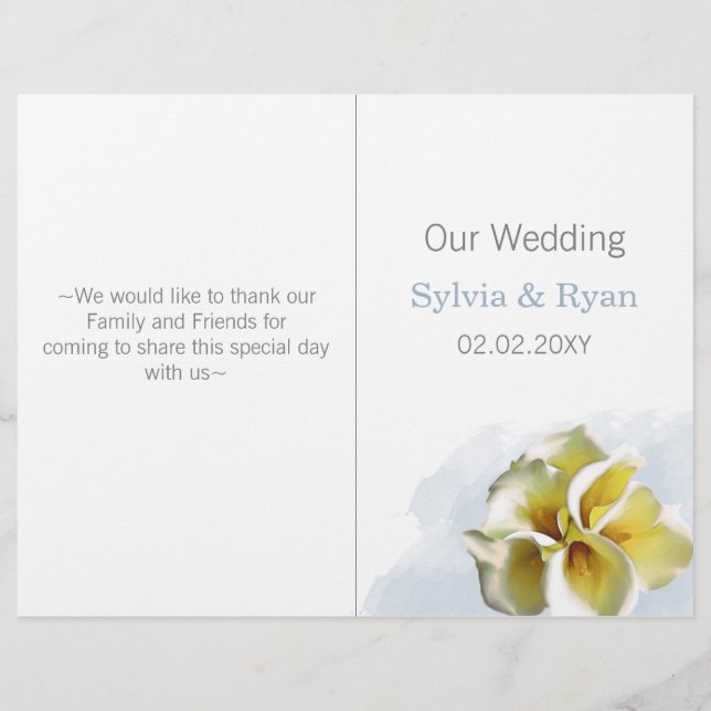 watercolor calla lilies  bi fold Wedding program (Front)