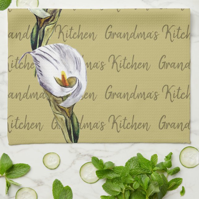 Watercolor Calla Lily Custom Text Pattern Tea Towel (Folded)