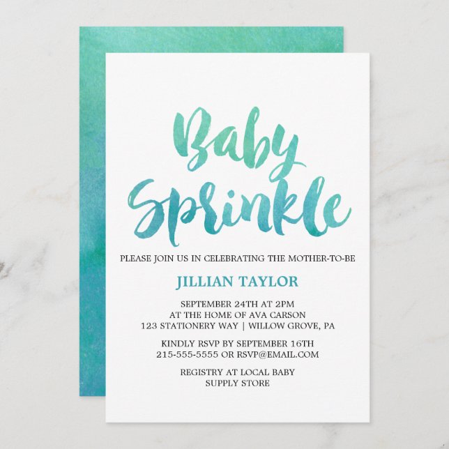 Watercolor Calligraphy Baby Sprinkle Invitation (Front/Back)