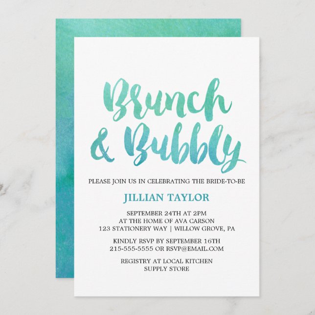 Watercolor Calligraphy Destination Brunch & Bubbly Invitation (Front/Back)