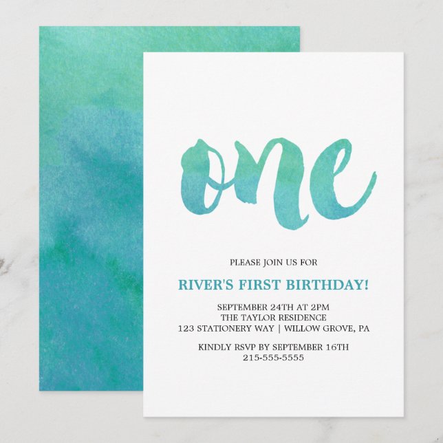 Watercolor Calligraphy First Birthday Invitation (Front/Back)