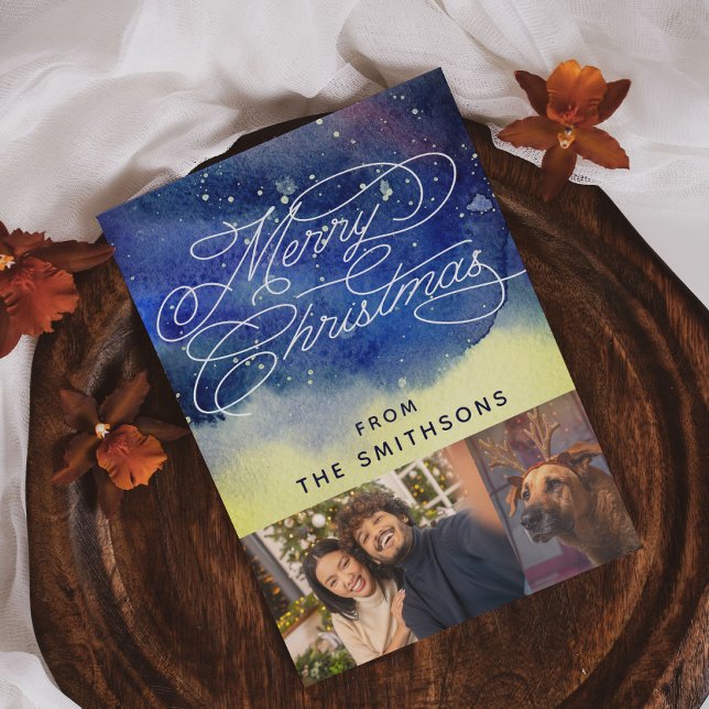 Watercolor & Calligraphy Navy Blue 2 Custom Photos Holiday Card (Creator Uploaded)