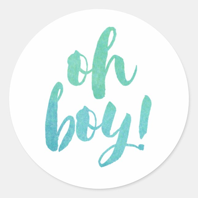 Watercolor Calligraphy Oh Boy Baby Shower Classic Round Sticker (Front)
