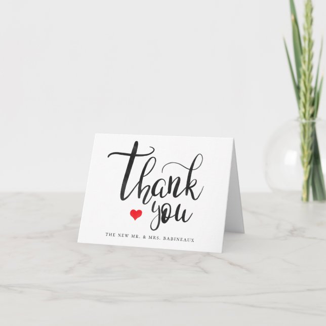 Watercolor Calligraphy Red Heart Thank You Card (Front)