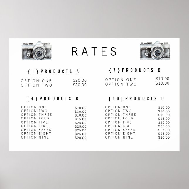 Watercolor Camera Photographer Price Menu Print (Front)