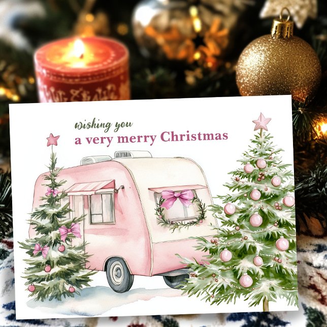 Watercolor Camper Trailer RV Pink Christmas Trees Holiday Postcard (Watercolor Camper Trailer RV Pink Christmas Trees Holiday Postcard
)