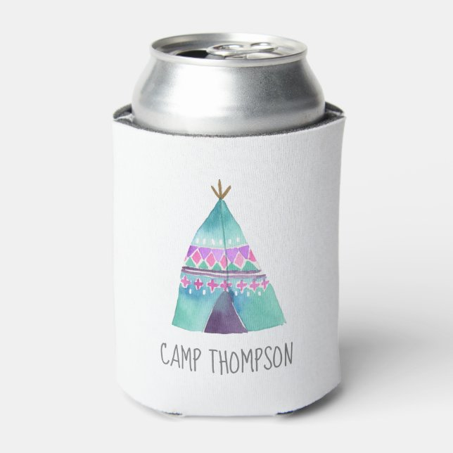 Watercolor Camping Birthday Party Can Cooler (Can Front)