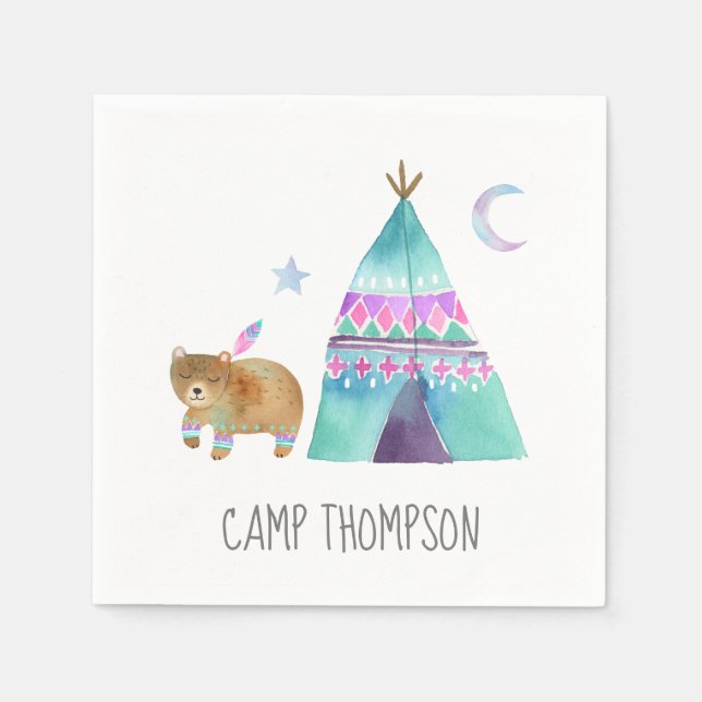 Watercolor Camping Birthday Party Napkin (Front)