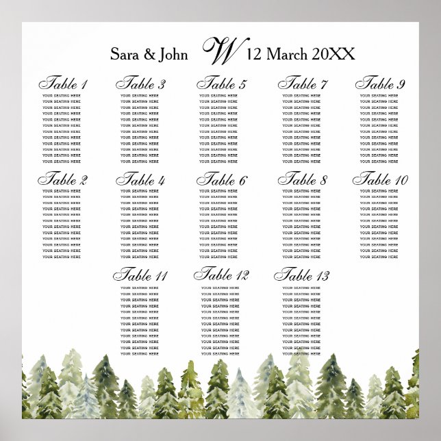 Watercolor Camping Rustic Pine Seating Plan Poster (Front)